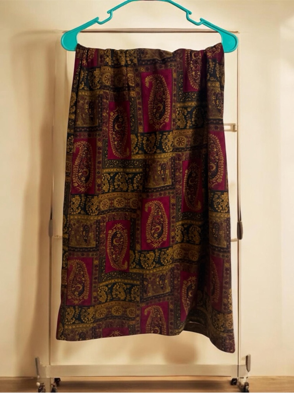 Source Unknown Burgundy and Gold Paisley Patchwork Midi Skirt